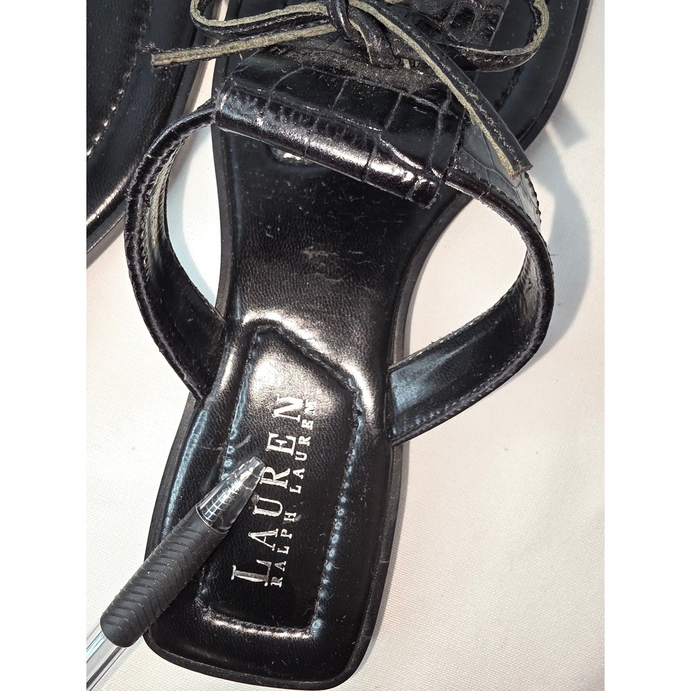 Lauren Ralph Lauren Black Croc Embossed Fringe Thong Sandals sz6.5 SquareToe 368 - Picture 4 of 8